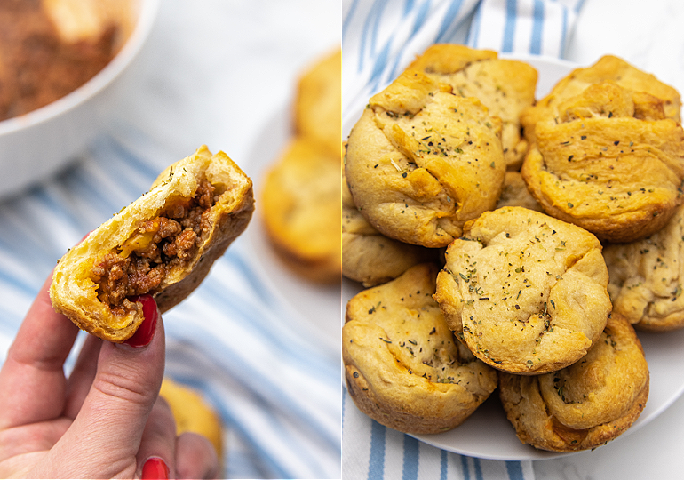 feature cheesy sloppy joe bombs stacked on a plate