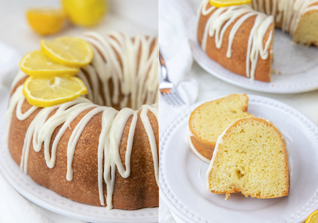 Italian Lemon Pound Cake with Drizzled Glaze on Top and Sliced Lemons as Garnish