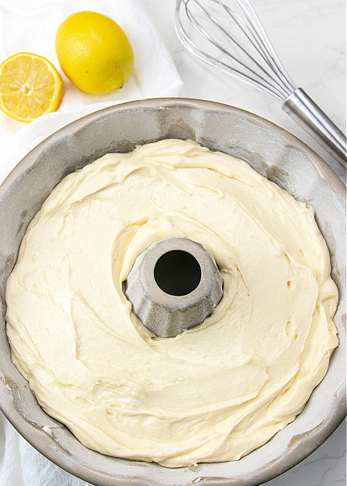 Italian Lemon Pound Cake Batter in a Bundt cake pan