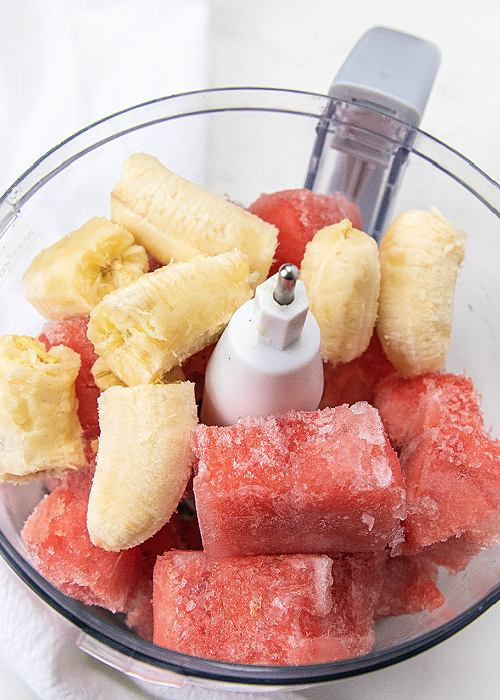 watermelon and bananas in a food processor