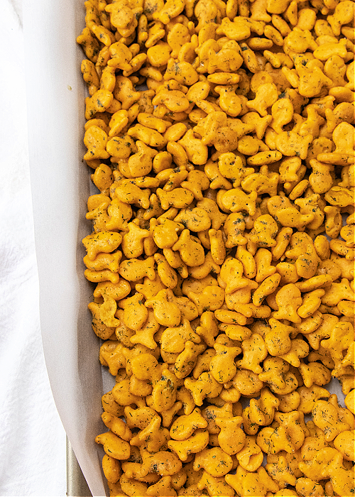 ranch goldfish after school snack on a baking sheet