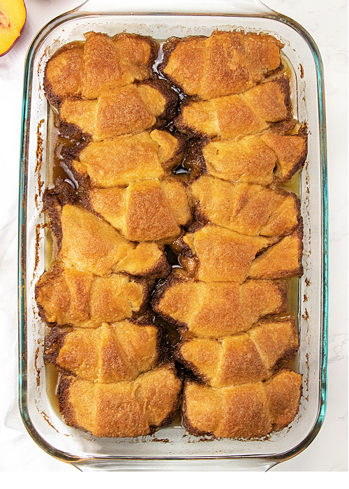 pan of peach dumplings