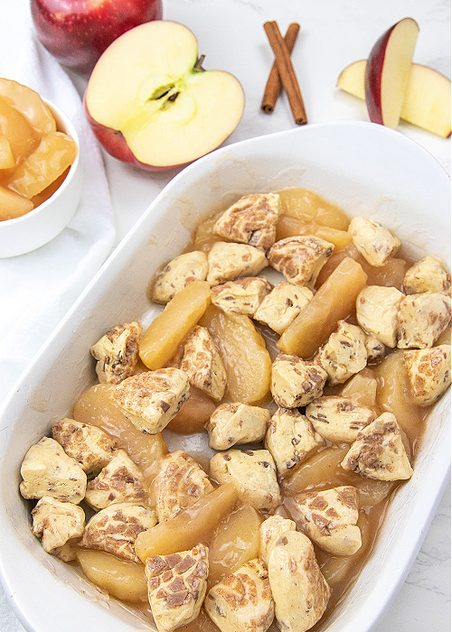 apples and cinnamon roll cobbler before baking