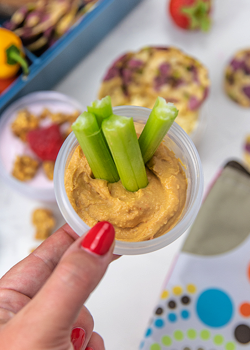 celery and hummus high protein lunch box idea