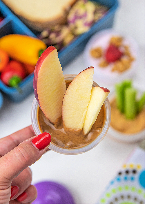 apples dipped in almond butter high protein lunchbox ideas