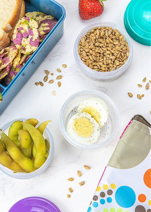 sunflower seeds, hardboiled eggs, and edamame