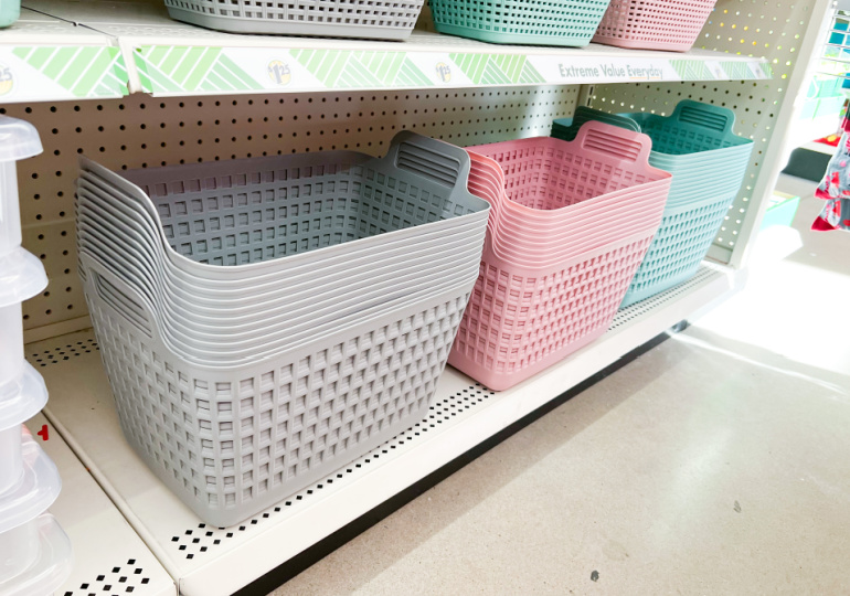 show JUST green Storage Baskets dollar tree, storage. I installed six of  these open front stackable …