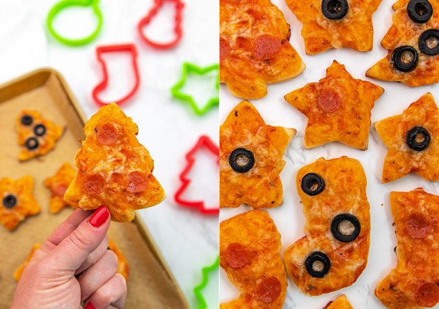 holding christmas cookie cutter pizzas