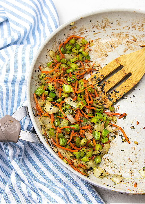veggies sauteed for cheeseburger soup
