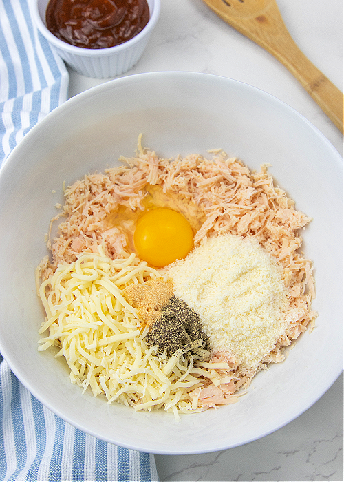 keto chicken nuggets ingredients in mixing bowl