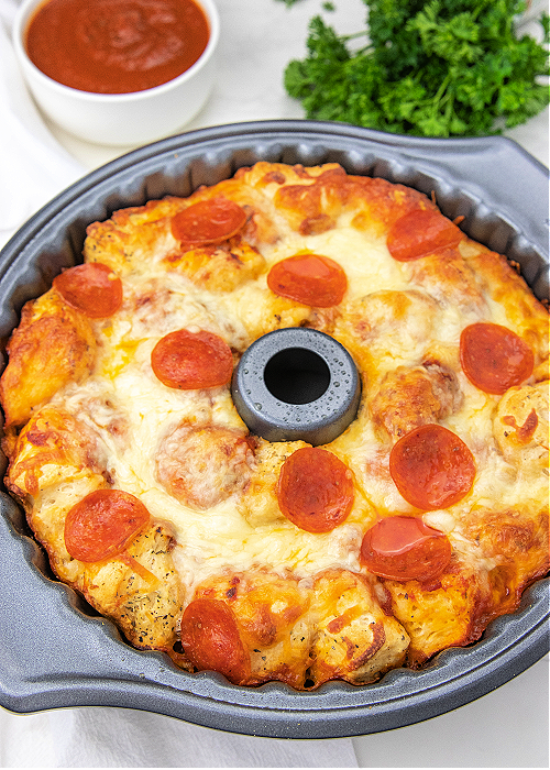 pizza monkey bread in a bundt pan