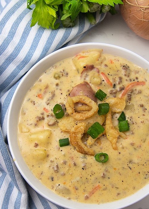 bowl of cheeseburger chowder