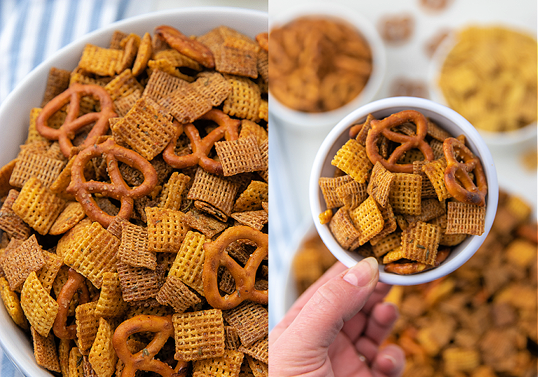 spicy garlic chex party mix feature image