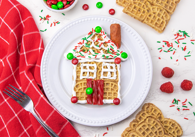waffle gingerbread house breakfast idea