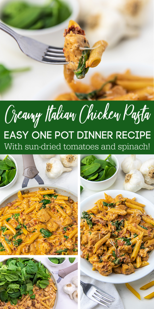 With sun-dried tomatoes, spices, and spinach, this one-pot Creamy Italian Chicken Pasta is an easy and delicious one-pot dinner recipe everyone will love! With sun dried tomatoes, spinach, and Italian spices, this easy dinner recipe is perfect for busy weeknights! italian chicken pasta pinterest image