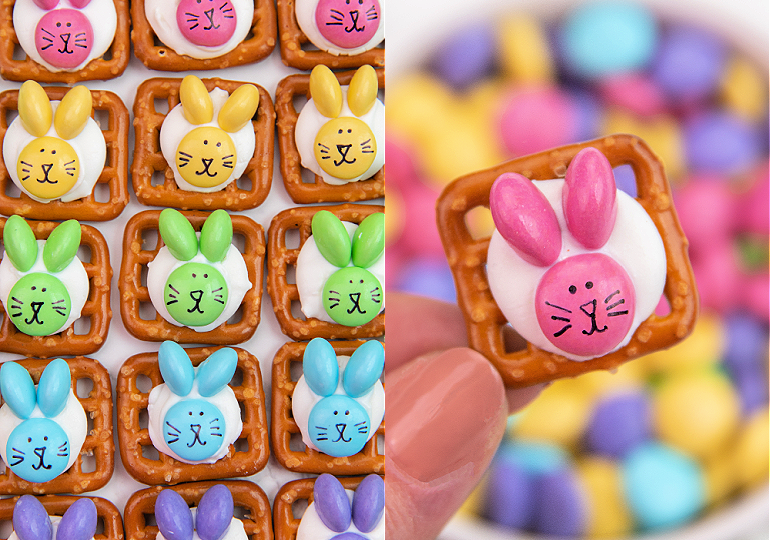 easter bunny pretzel bites with white candy melts and faces drawn on with whiskers with an edible black pen