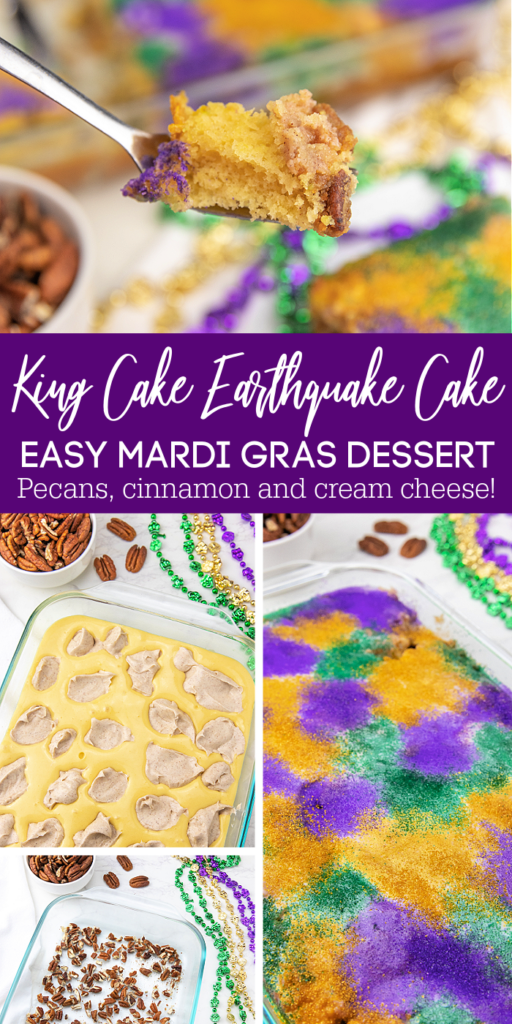 This King Cake Earthquake Cake is the perfect easy dessert idea for Mardi Gras! With layers of pecans, cinnamon, and cream cheese, this yellow cake is SO delicious! king cake earthquake cake photos of step by step directions