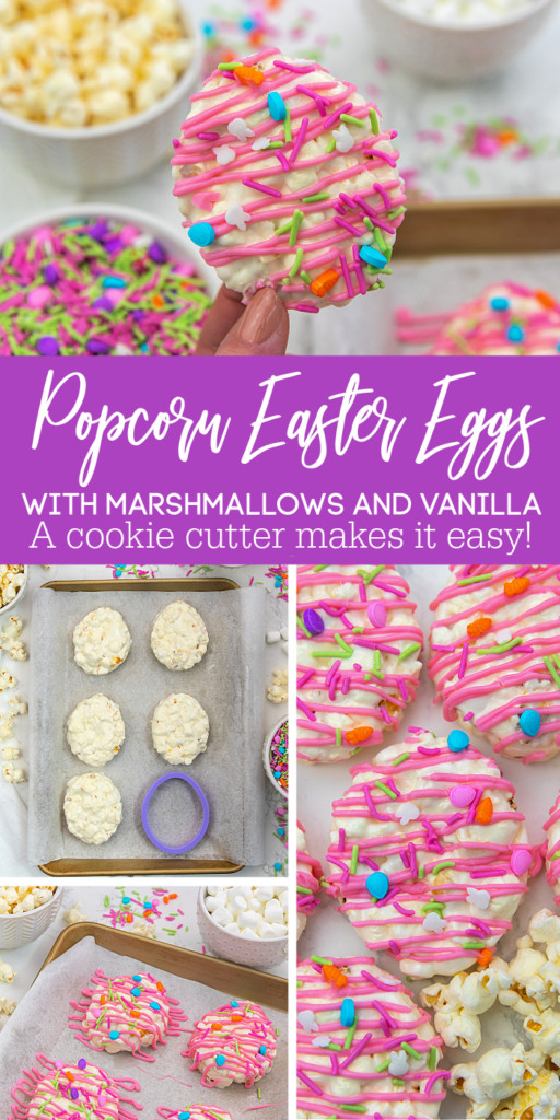 These Easter Popcorn Eggs are SO cute and easy to make! The salty-sweet combo is topped off with a drizzle of color and sprinkles! These eggs are perfect for kids and adults alike. We love making them for our Easter egg hunts and family holiday gatherings! popcorn easter eggs photos showing the process of making them