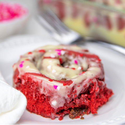 red velvet cake mix cinnamon roll recipe card image