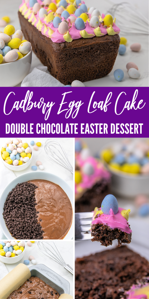 cadbury egg chocolate loaf cake steps on a pinterest image