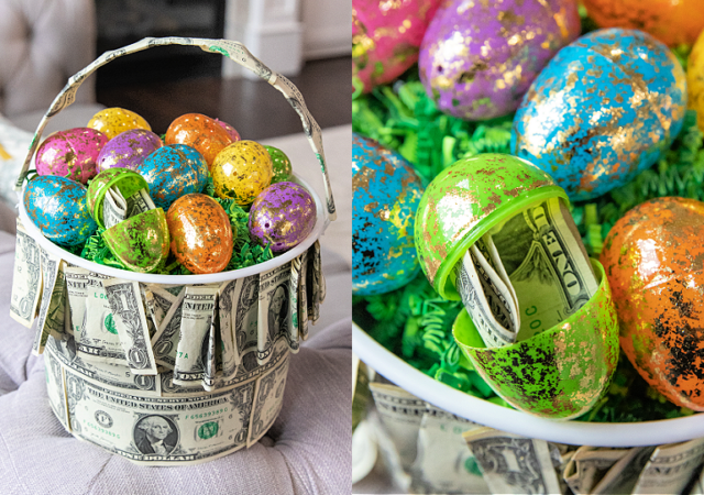 cash easter basket with brightly colored gold foiled eggs filled with cash