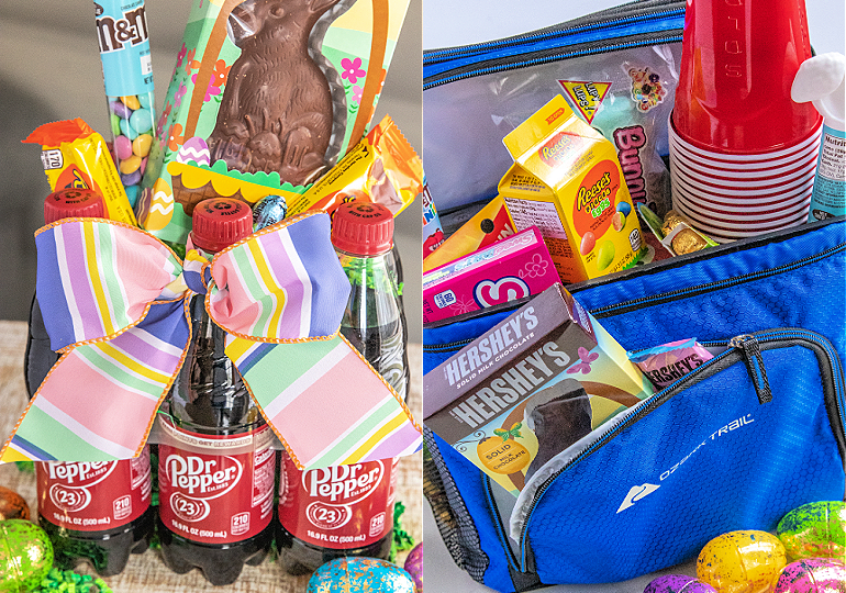 two easter basket ideas for men, a cooler easter basket and a 6 pack of dr pepper easter basket