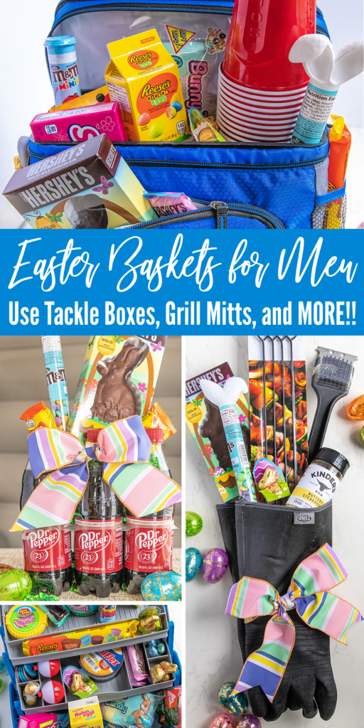 easter baskets for men pinterest image showing a dr pepper easter basket, grill mitt easter basket, and a cooler easter basket