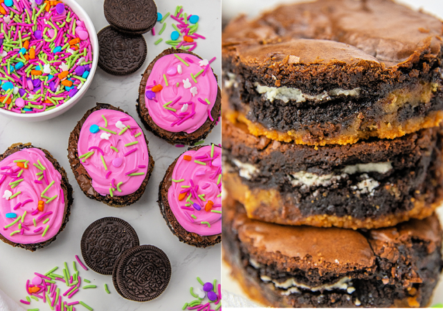 easter brookies frosted with pink icing and Easter sprinkles on top