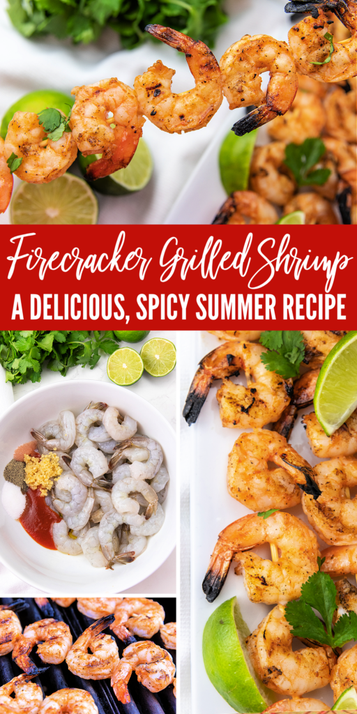 firecracker grilled shrimp pinterest image with a red background and white words
