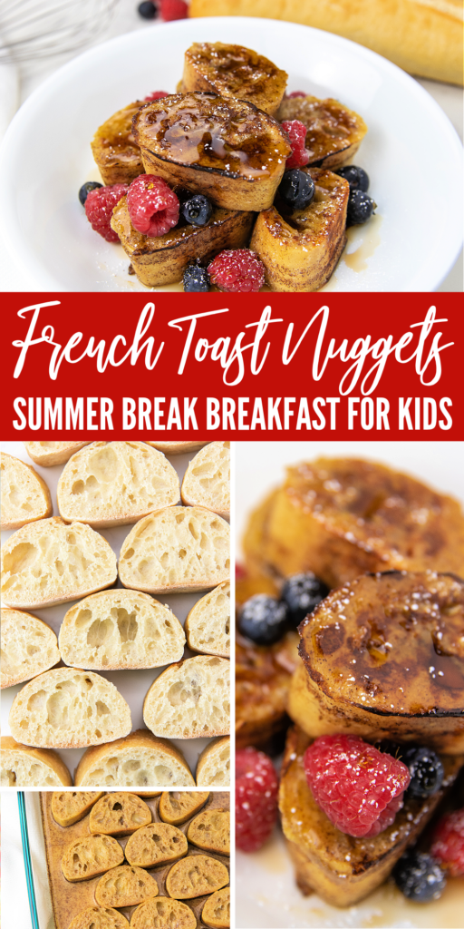 french toast nuggets pinterest image showing step by step instructions 
