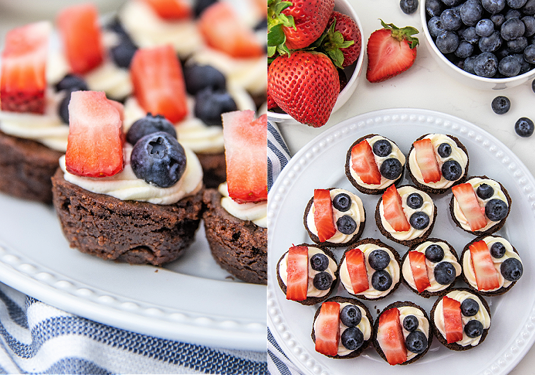 4th of july brownie bites on a white plate