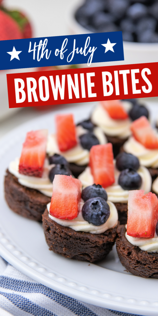 4th of July Brownie Bites are a colorful dessert for all your patriotic parties! Red, white, and blue with strawberries and blueberries! 4th of july brownie bites on a white platter pinterest image