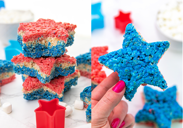 red white and blue layered rice krispie treats cut in a star shape