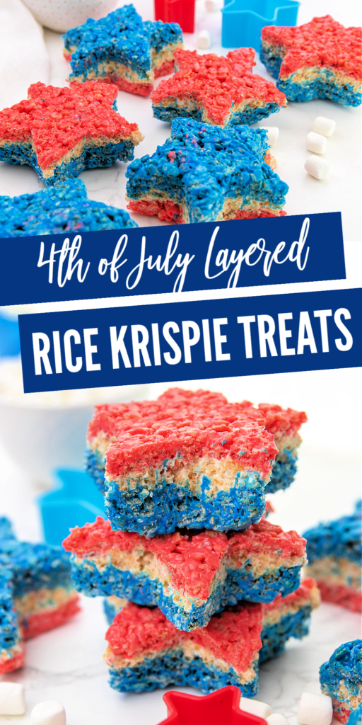 red white and blue star shaped rice krispie treats on a pinteres image with a blue background and white words