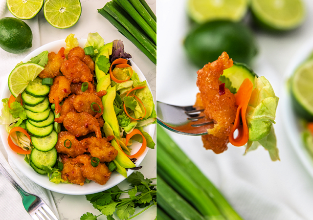 Bang Bang Shrimp Salad in a white bowl