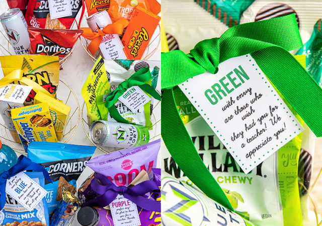 color themed teacher gift idea in gold baskets