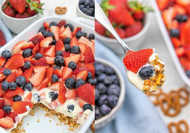patriotic pretzel salad with strawberries and blueberries