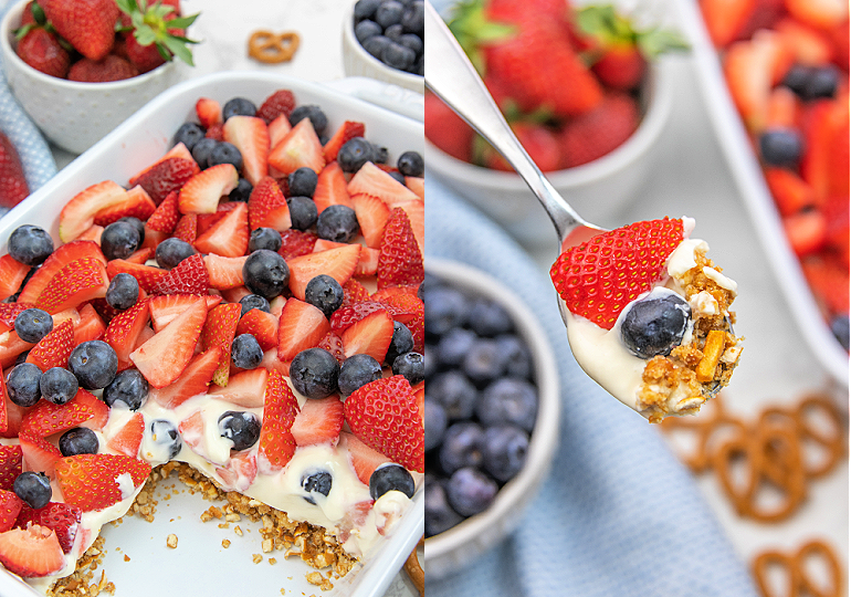 patriotic pretzel salad with strawberries and blueberries