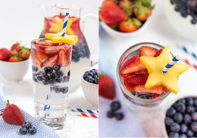 a side view of patriotic party punch in a glass with a blue straw and a top view of a pineapple cut into a star garnishing the patriotic party punch