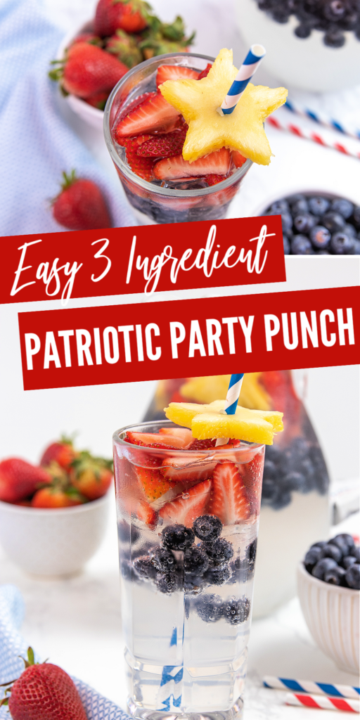 Patriotic Party Punch is an easy and FESTIVE beverage for your 4th of July cookout! Even though it's clear, it packs BIG flavor!! white patriotic party punch with blueberries, strawberries, and pineapple cut into a star shape with a blue straw all in a tall glass