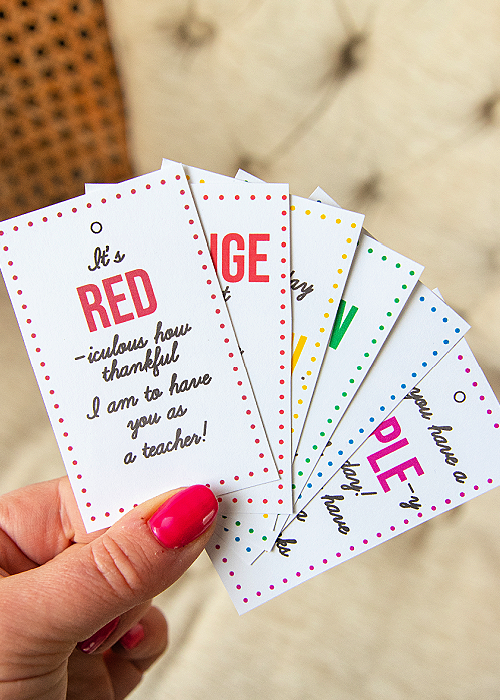 tags cut out for teacher appreciation gifts in red orange yellow green blue and purple