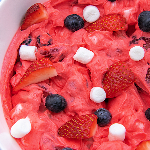 patriotic cheesecake fluff salad recipe card
