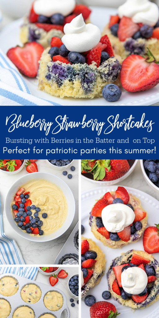 These Blueberry Strawberry Shortcakes are so flavorful, refreshing, light and perfect for all of your patriotic summer parties! Blueberry Strawberry Shortcake Pinterest image with blue background and white writing