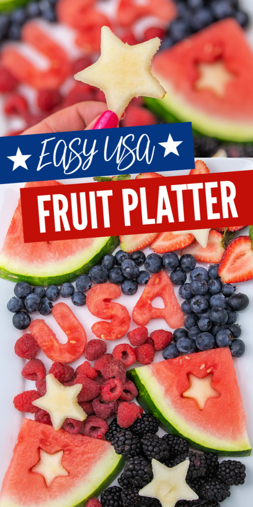 pinterest image with blue and red background and white text for a patriotic usa fruit platter