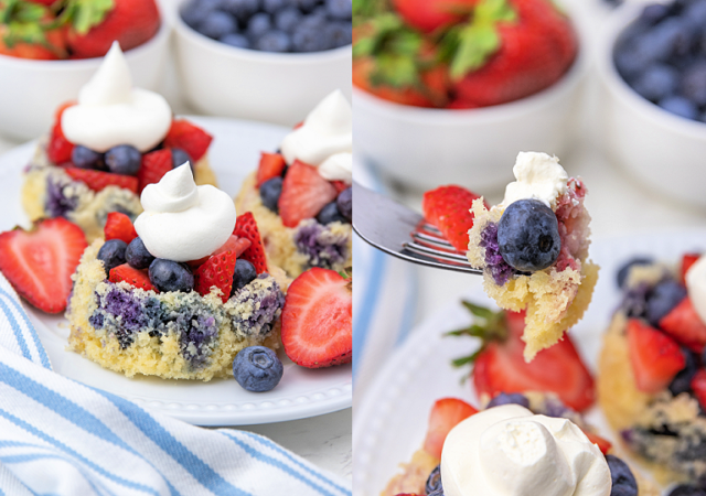 blueberry strawberry shortcake with a dallop of whip cream on top