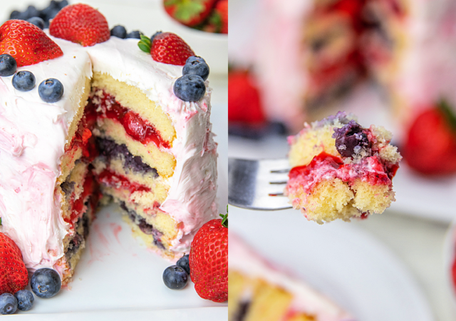 patriotic berry cake with alternating layers of strawberry and blueberry filling