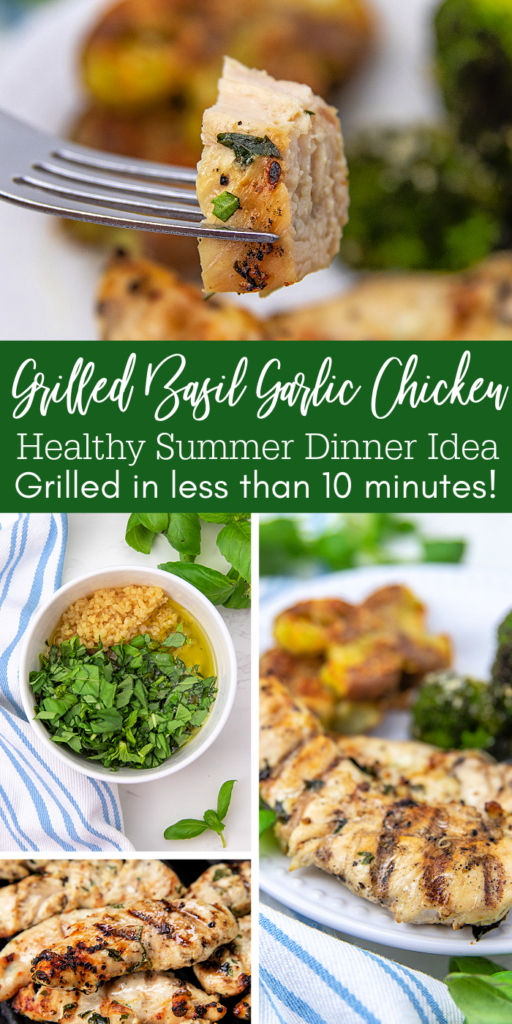 grilled basil garlic chicken pinterest image with a green background and white writing