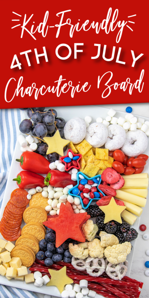 pinterest image with a red background a photo of a red white and blue charcuterie board for kids for the 4th of july