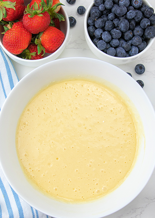 vanilla cake batter in a white bowl