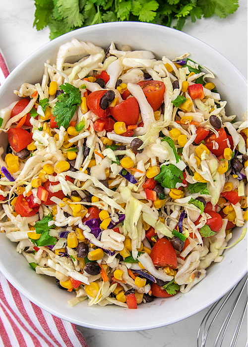 all ingredients combined in a white mixing bowl for mexican coleslaw